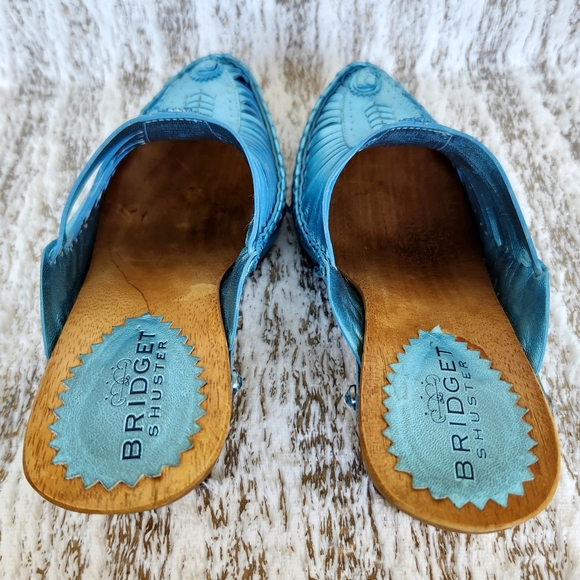 Bridget Shuster "Abba" Metallic Leather Clog Mules Blue Wood | Women's Size 9M - Picture 5 of 13